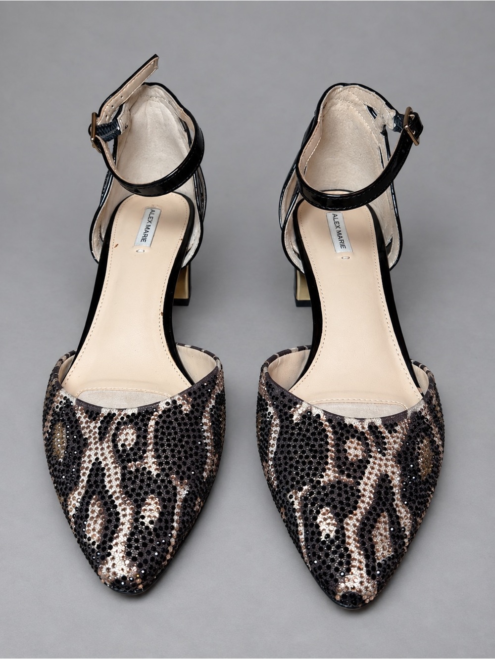 Alex Marie Leopard Sequin Pointed-Toe Ankle-Strap Flats - Black/Tan